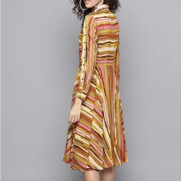 Label Ritu Kumar 100% viscose marine stripe multi spring snap down dress midi - Picture 6 of 9